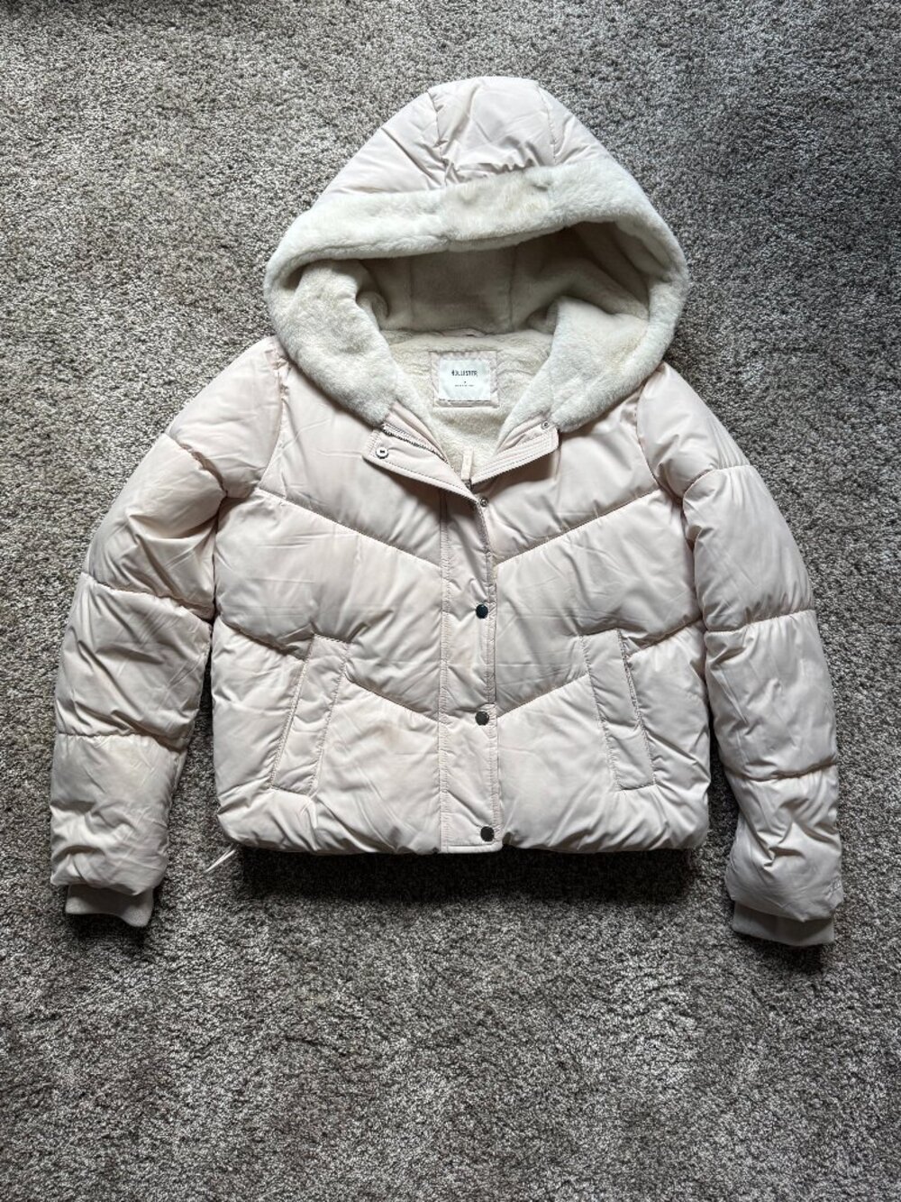 Hollister Women's Light Pink Puffer Jacket with Hood Size Medium